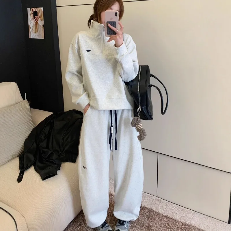 

Women's Loose Fleece-Lined Embroidery Set 2025 - Korean-Style Stand Collar Pullover & Long Pants-Autumn Winter Casual Two-Piece