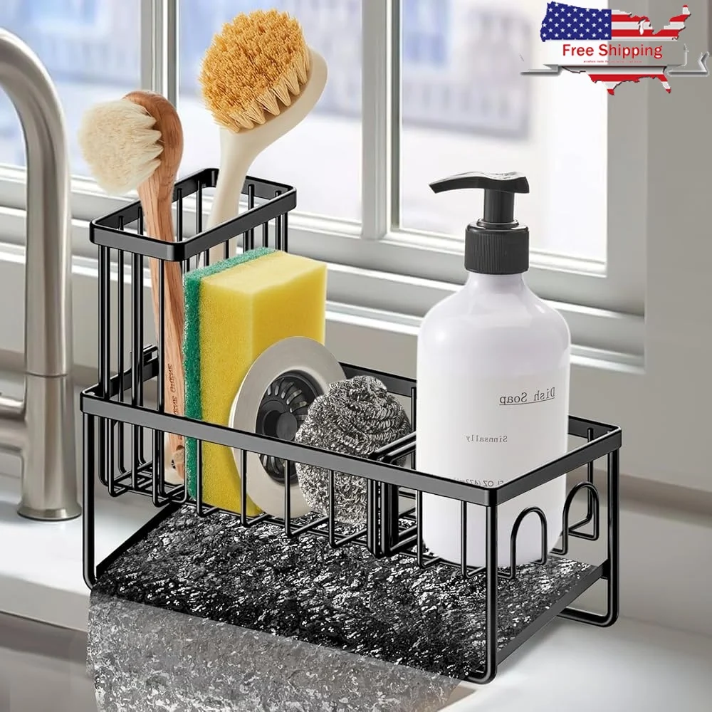 

Stainless Steel Kitchen Sink Organizer Caddy Sponge Holder Dish Brush Scrubber Stand Holder with Drainage Soap Dispenser