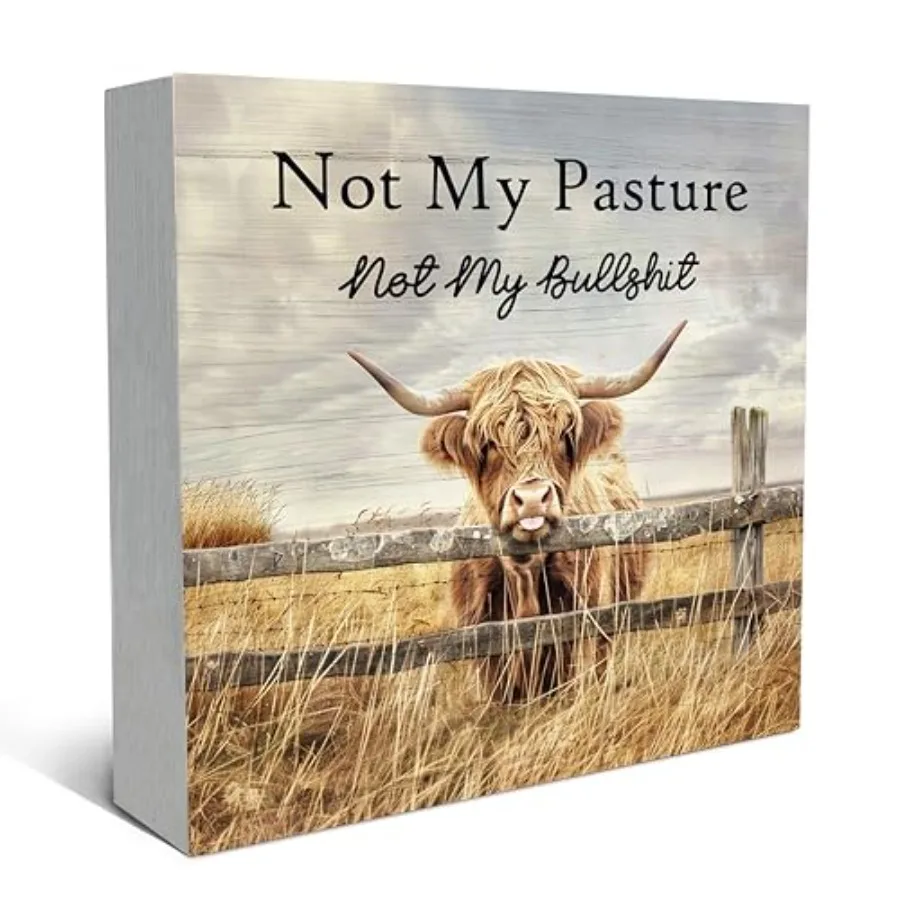 Funny Western Highland Cow Wood Box Sign Desk Decor, Highland Cow Gifts, Rustic Farmhouse Western Theme Wooden Block Box Sign D