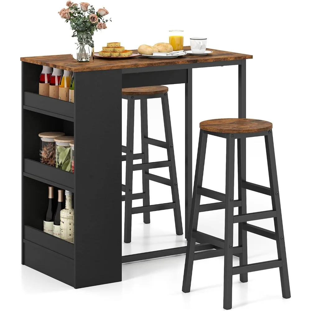 

A Three-piece Bar Table and Chair Set, Including A Rectangular Dining Table and Two Chairs with Storage Shelves