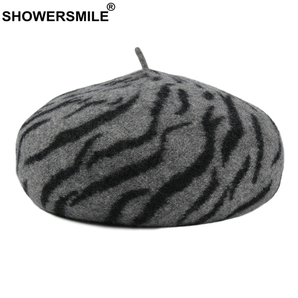 

Gray Zebra Striped Beret Autumn Winter New Design Berets Caps for Women Woolen Beret Ladies Artist Hat Female Wool Hat Fashion