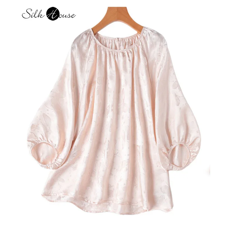 

Light Luxury Glossy 19MM 100% Natural Mulberry Silk Jacquard Satin Loose Bubble Sleeves Loose Women's Pink T-shirt