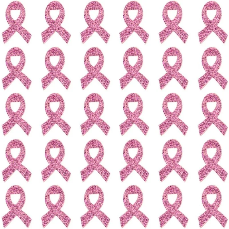 

30 Pcs Pink Ribbon Breast Cancer Awarenes Cloth Patches 1.1x1.65inch Rose Rhinestone Appliques Patches Sew on Ribbon Patches