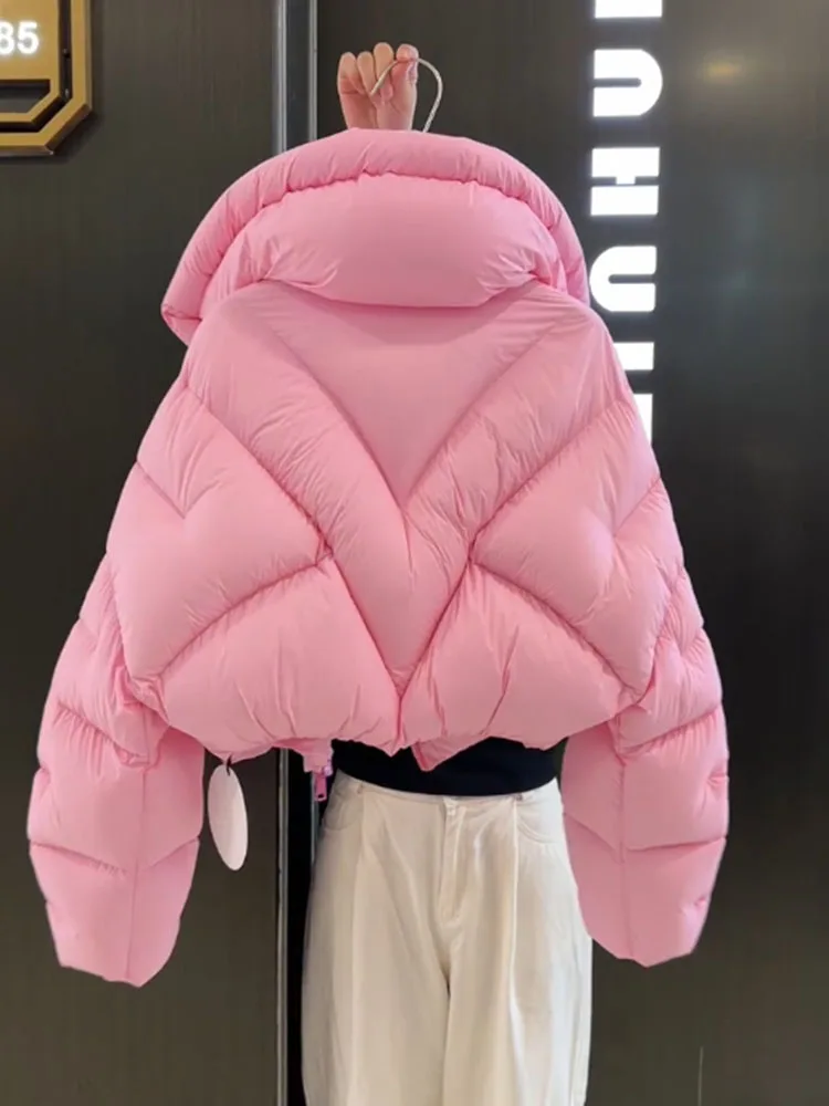 Coréen Sle ort rose vers le bas Jaet femmes hiver Thiened pain Sle col montant manteau Ci décontracté longue fermeture éclair