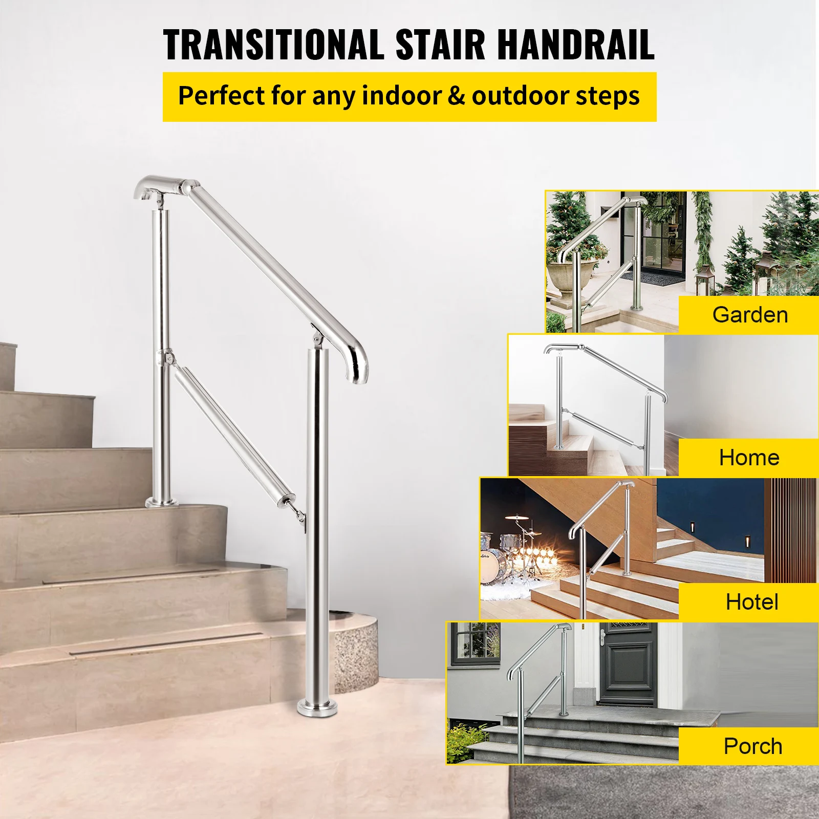 VEVOR Stair Transitional Handrail Indoor Outdoor Step Railings fit Level Surface and 4-5 Adjustable Stair with Installation Kit