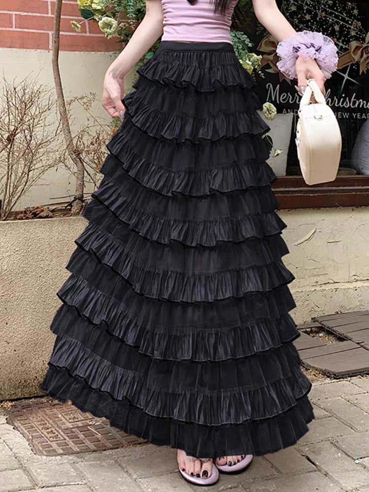 Damska długa spódnica maxi z tiulu z wysokim stanem, letnia spódnica warstwowa z drapowanymi warstwami, elegancka spódnica szyfonowa w kształcie litery A.