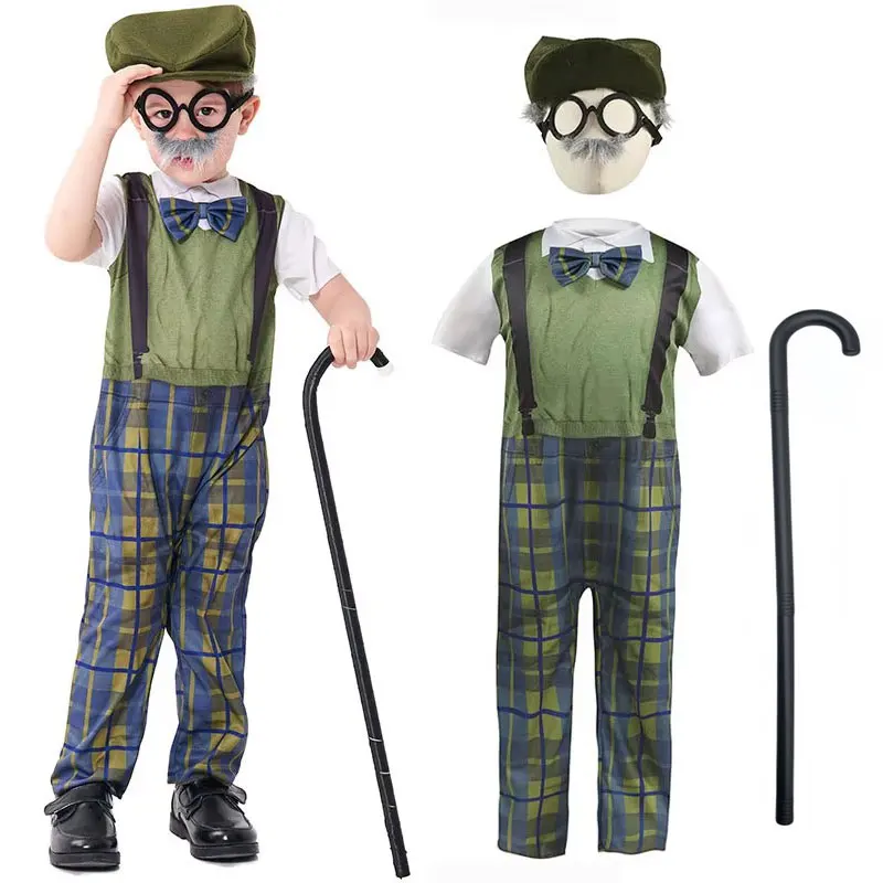 Umorden crianças criança vovô velho traje kit para meninos manga curta verde 4-6y 6-8y 8-10y 10-12y velho temporizador criança