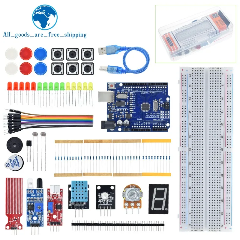 TZT Starter Kit for Arduino Uno R3 Breadboard Basic learning kit, sound/water level/humidity/distance detection LED control