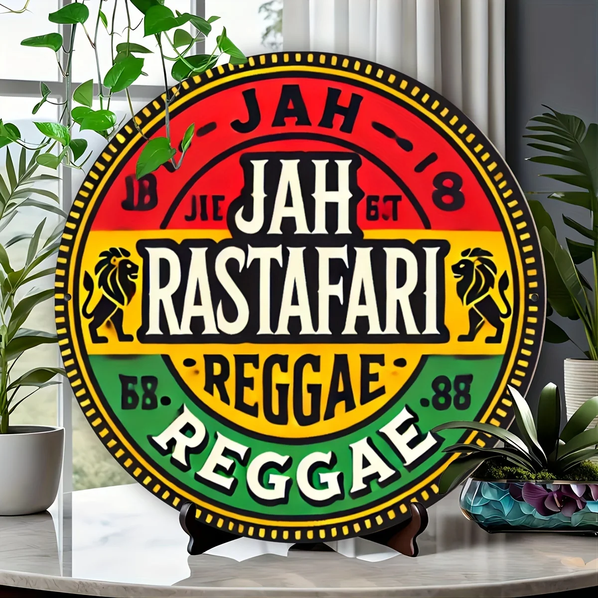 High Definition Custom Metal Wall Art Print Vintage Rastafari Reggae Lion Color Stripe Round Sign Wall Decor for Bar Music Room