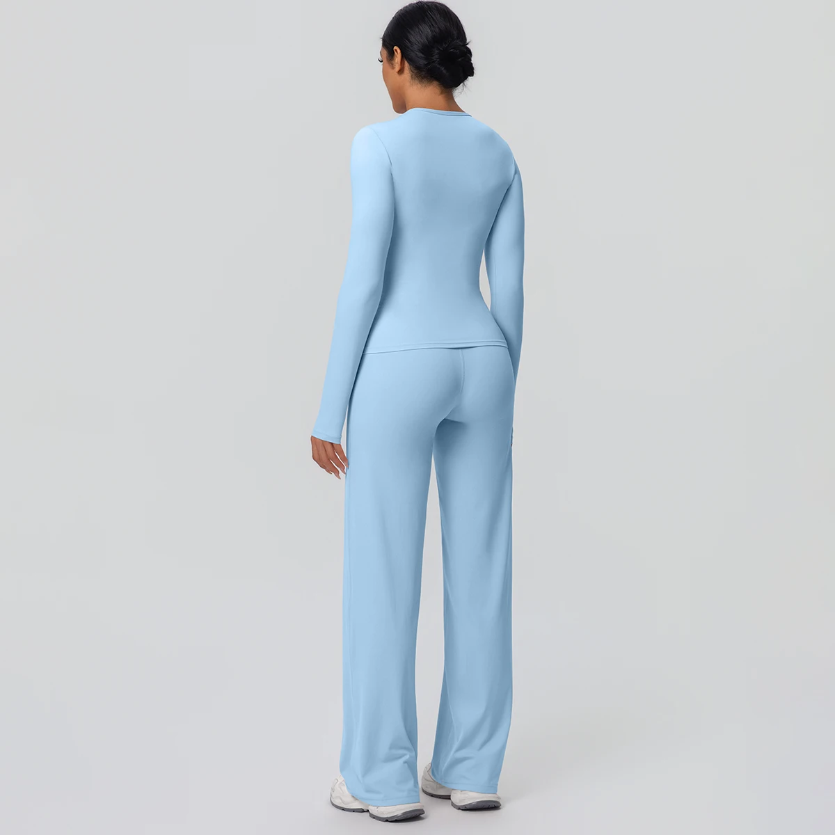 2 stück Frauen Gym Yoga Set Lauf Shirts Schlank Lange Ärmel Workout Top Schnell Trocknend Hohe Stretch Breite Bein Hosen dünne Yoga Set – Detail 29