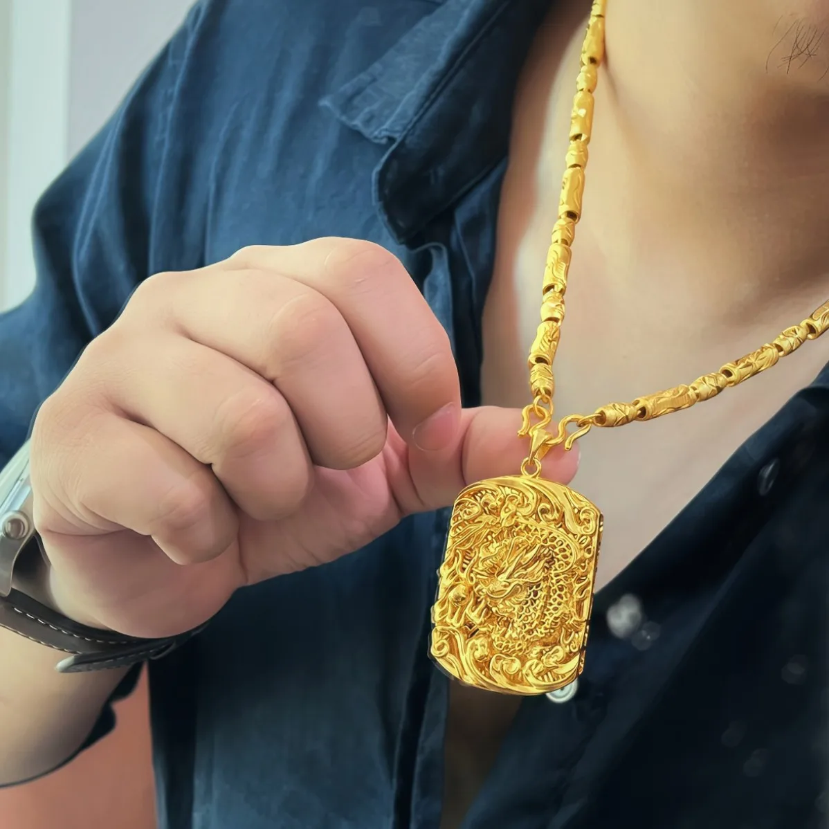 

Luxury 24K 9999 Pure Gold real gold Men's Dragon Embossed Pendant Necklace