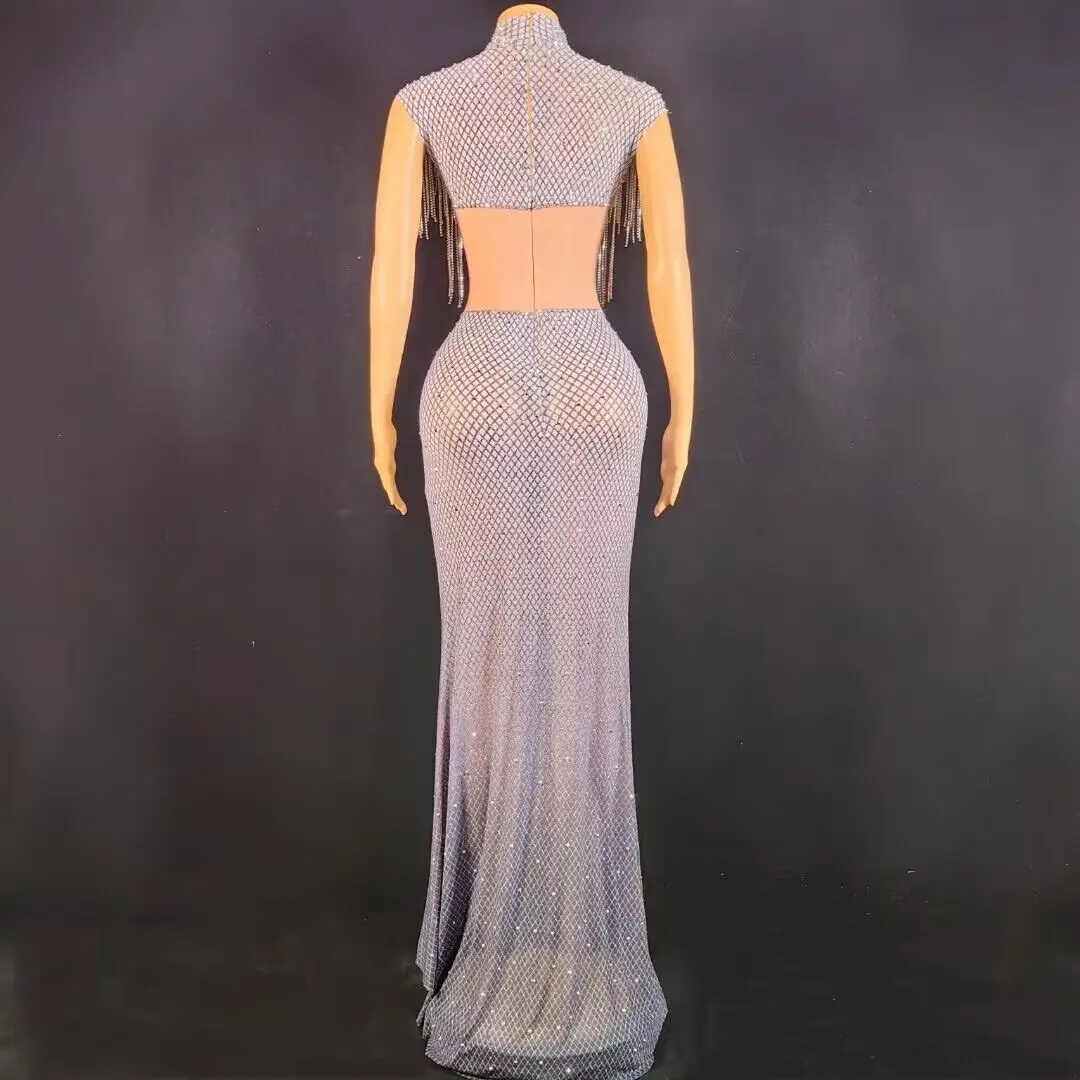 Customized New Sexy Tassels Lace Diamond Pearl Sequins Feather Water Diamond Wrap Hip Dress Long Dress Performance Dress