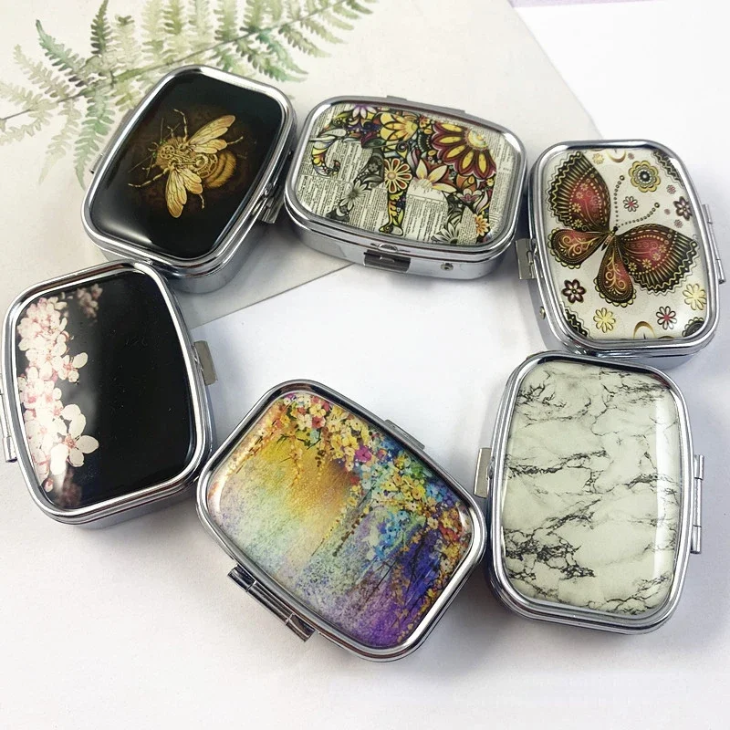 Divided Metal Butterfly Pill Boxes Square Pill Boxes Portable Organizer Medicine Case Splitters Pill Candy Jewelry Case Box