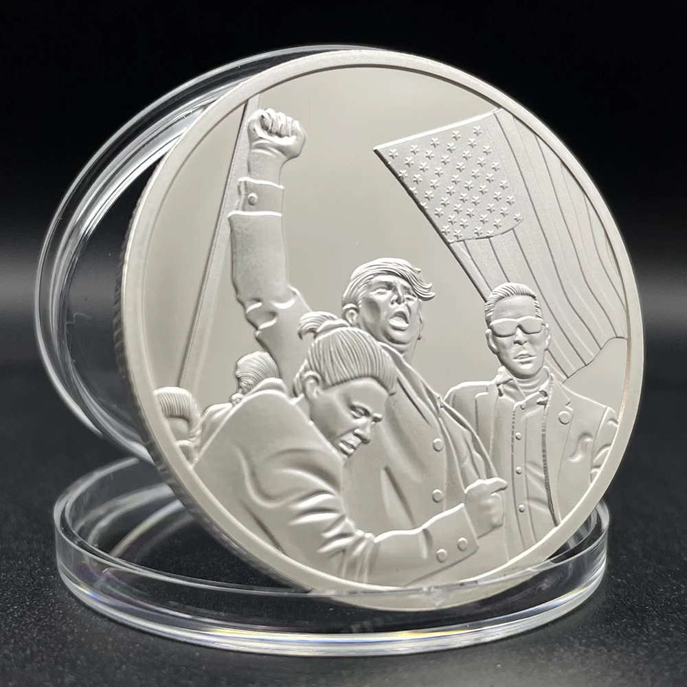 Moneda de plata de ataque a Donald Trump, 2024, 47 ° Presidente de Estados Unidos, Lucha, nunca se rinden, desafío, moneda coleccionable