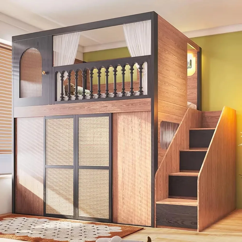 Solid Wood Kids Loft Bed Built-in Wardrobe High Guardrail Tree Bed with Desk Space Saving for Apartment & Villa Small Bedroom