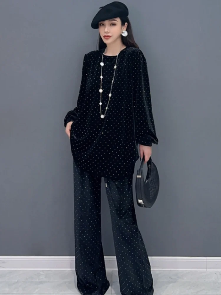 Vefadisa 2024 Autumn New Black Polka Dot Printed Women Matching Set O-Neck Lantern Sleeve Top Wide Leg Pant Two-piece ZXY613A