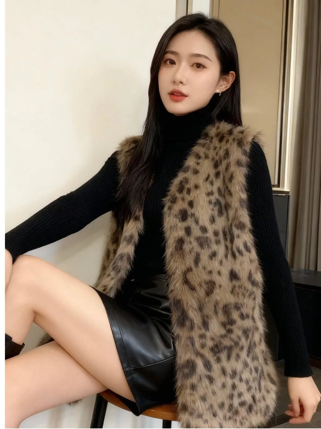 Faionable Winter High-End Leopardenmuster Pelzweste Oberbekleidung Damen Jaet Oberbekleidung Elite Sense Svel Top irt