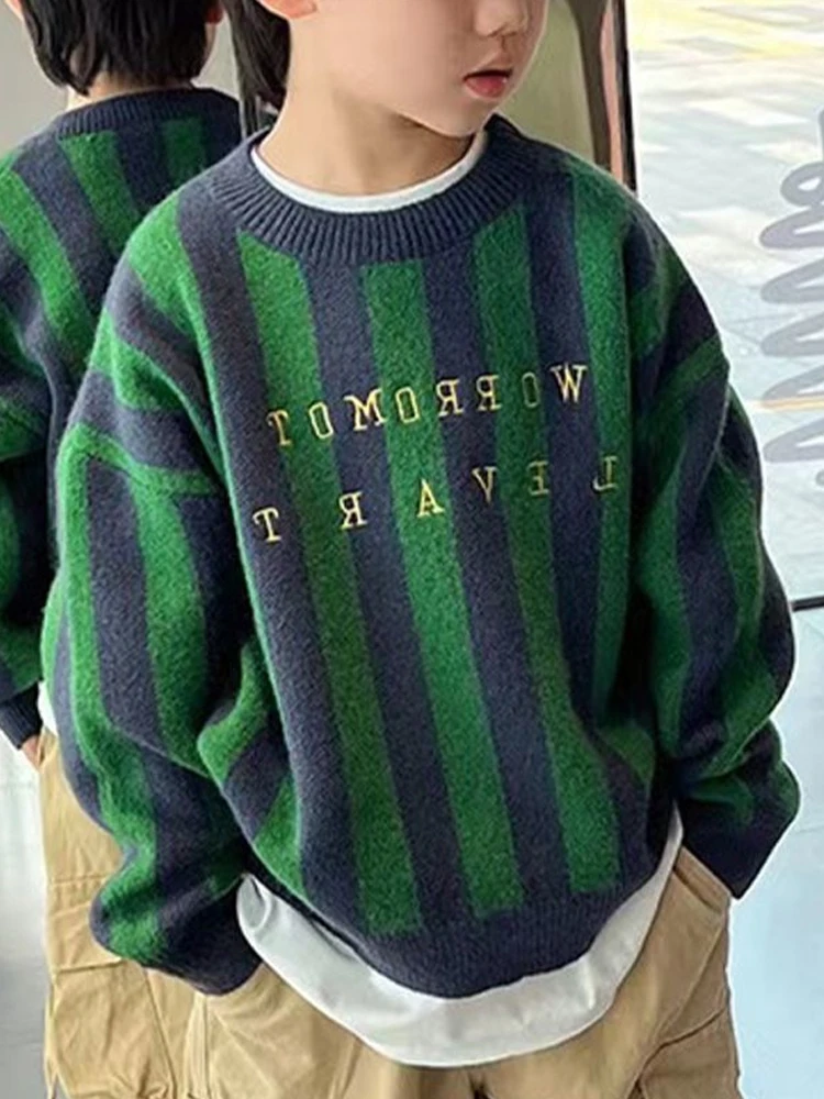 Boys\' Sweater Pullover Autumn And Winter New Children\'s Baby Stripe Fashion Knitted Top Christmas Sweater Knit Children Top