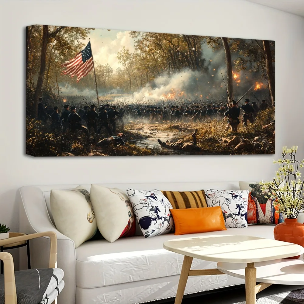 

1.5 inch thick pine solid wood frame, vintage American Civil War Gettysburg Iron Brigade themed canvas painting