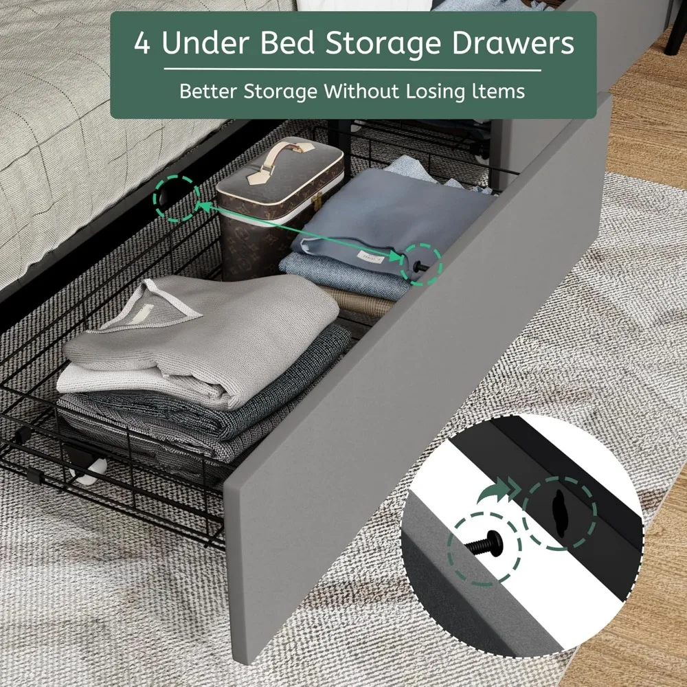 Bed Frame with Storage Headboard & 4 Drawers, Grey Bed Frame with LED Lights & Charging Station, Sturdy Metal Platform & Slat image 4