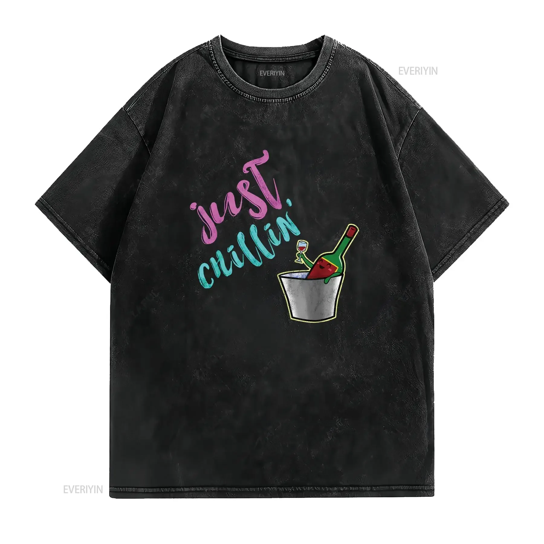 Funny Cute Just Chillin Wine Bottle T Shirt vintage Washed Versatile graphic Comfortable Breathable Unisex Casual streetwear view 2