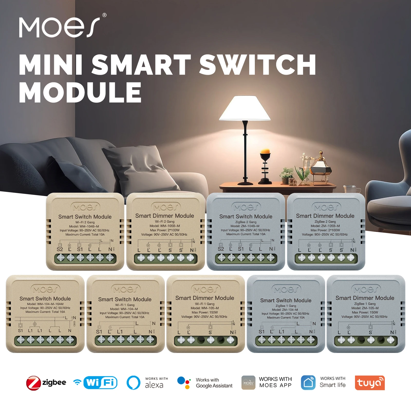 

MOES Mini Tuya WiFi/Zigbee Smart Switch/Dimmer Module DIY Module Light Switch 1/2 Gang Remote Control Work Alexa Google Home