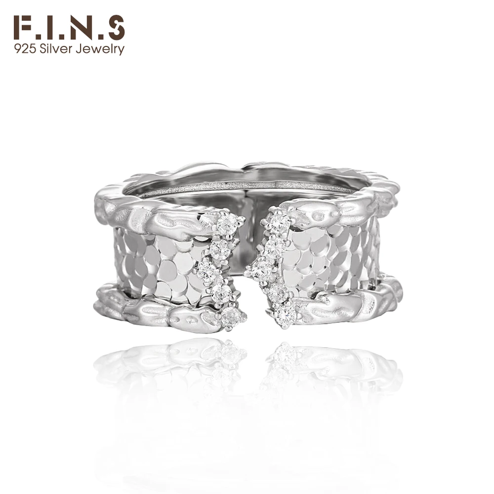 

F.I.N.S Wide Scale S925 Sterling Silver Glitter Ring Luxury Irregular Uneven Zircon Open Adjustable Mid Finger Fine Jewelry Gift