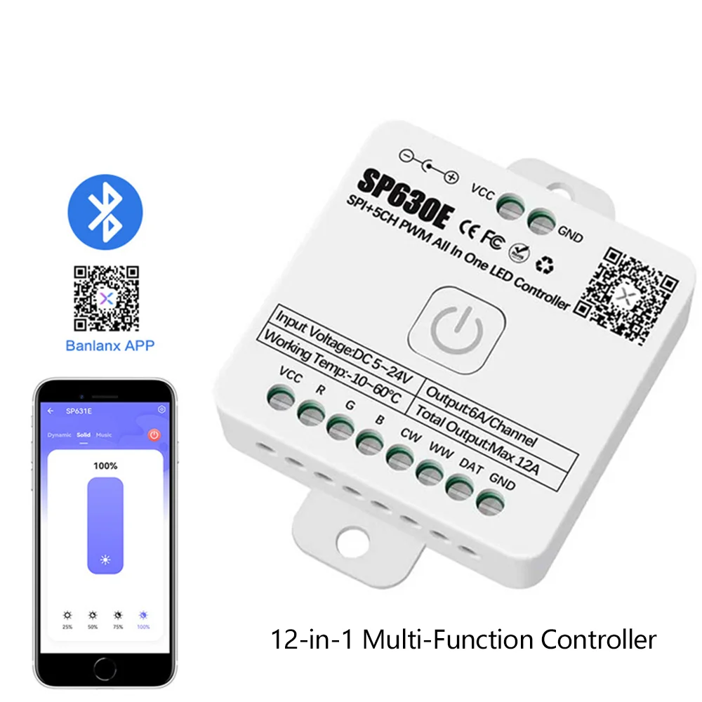 Fugees LED 스트립 SP630E SPI + 5 방향 PWM 음악 블루투스 컨트롤러, 다양한 유형의 램프 및 랜턴 제어 가능