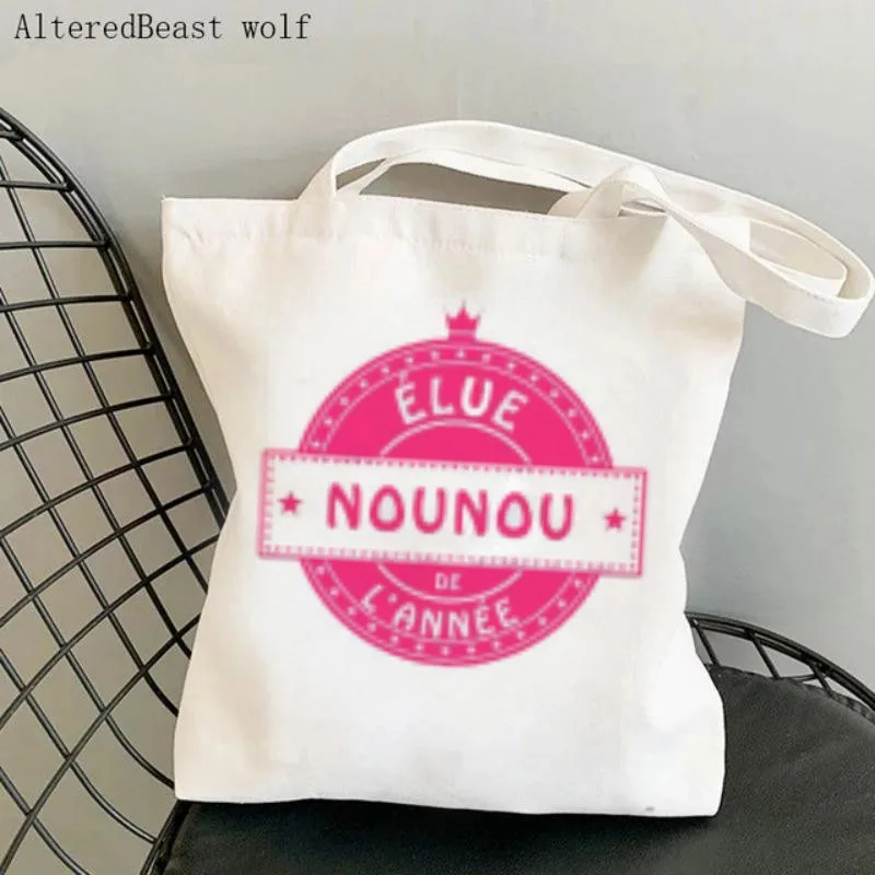 Women Canvas Shoulder Bag coupon motif merci nounou Shopping custom Bag Harajuku Shopping Handbags Tote For Lover Girls friend