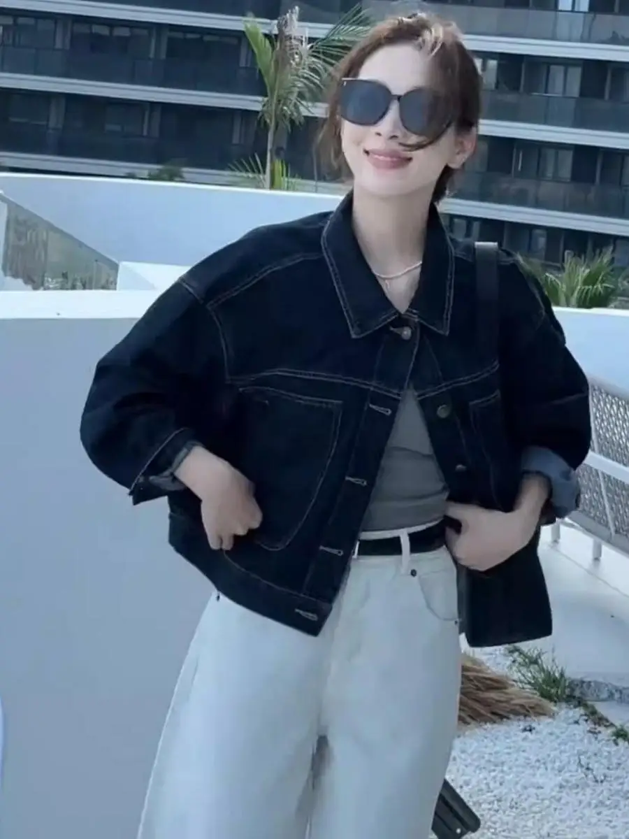 Women's Short Denim Jacket Loose Fit Casual Style Korean Version Vintage Feel Cotton Jeans Fabric Long Sleeve Button Closure