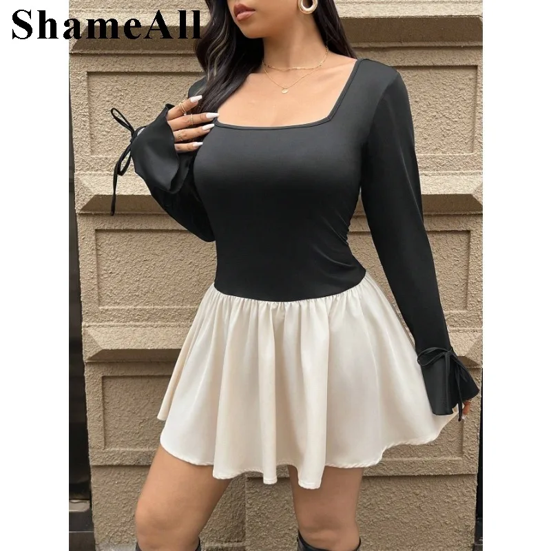 Women's Plus Size Frenchy Elegant Splice Color Block Bodycon Peplum Dress