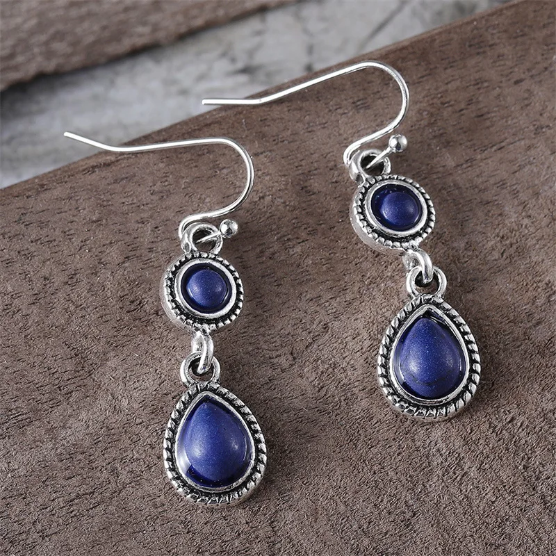 DIY accessories Cross-border new retro ethnic pattern water drop pendant earrings, fashionable and simple turquoise alloy earrin