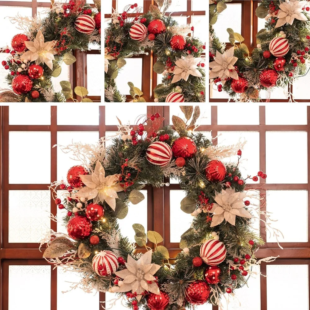 Pre-Lit Christmas Wreath for Front Door with Lights, 24 Inch Large Lighted Christmas Wreath with Red White Xmas Balls