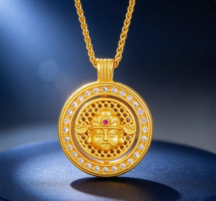 Ancient method point diamond compass necklace women retro Chinese style hollow pendant 9999gold