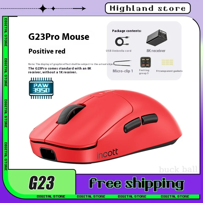 Incott G23 Gaming Mouse G23 Pro 8k Wireless Mouse 2Mode 2.4G Light Weight 4k/8k 140h PAW3390 32000DPI Playtime Gamer Mouse Gift