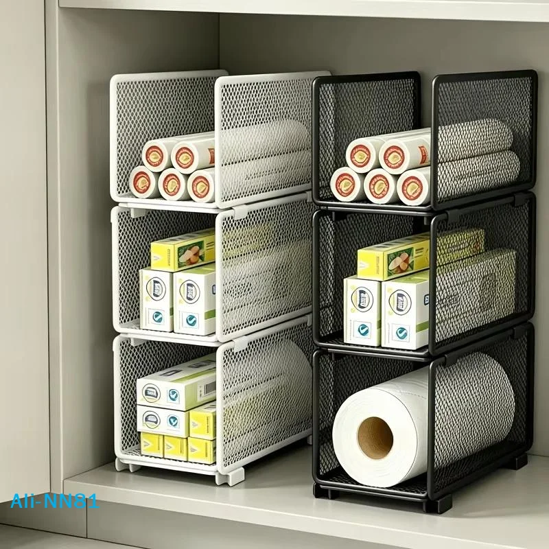 【N】Stackable Kitchen Storage Baskets, Organizer For Kitchen Paper, Plastic Wrap, And Spice Jars, Household Cabinet Storage Racks
