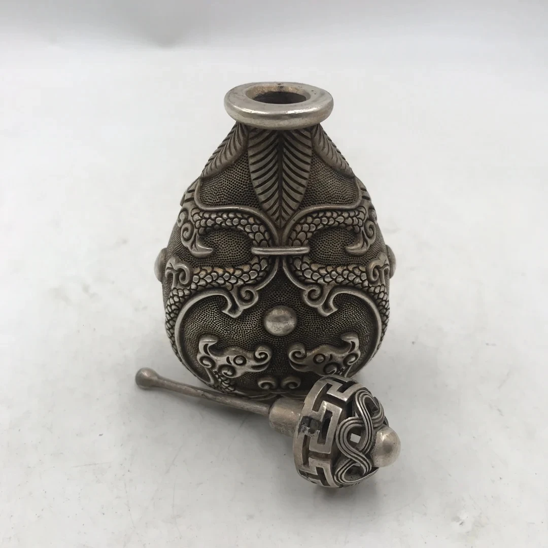 Chinese white bronze snuff bottle double-sided carving cigarette set high relief double dragon play beads collection vintage snu