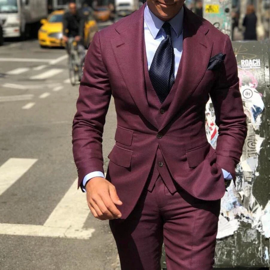 Esmoquin de boda con clase para hombre, de 3 piezas traje de novio, traje Formal de negocios barato (chaqueta + chaleco + Pantalones)