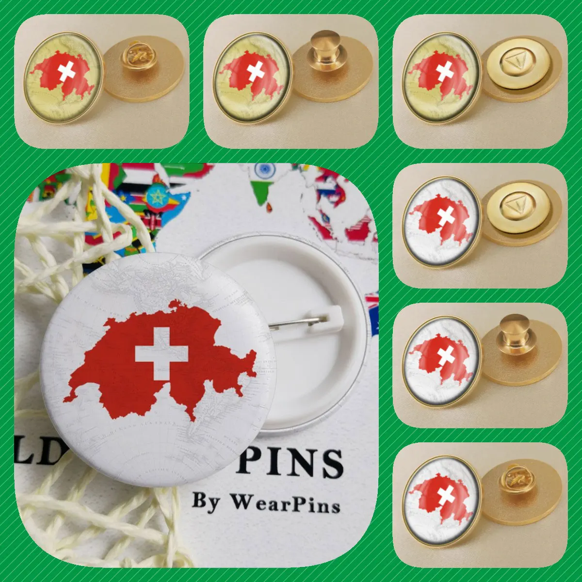 Switzerland Switzer Map Flag National Emblem National Flower Brooches Badges Lapel Pins