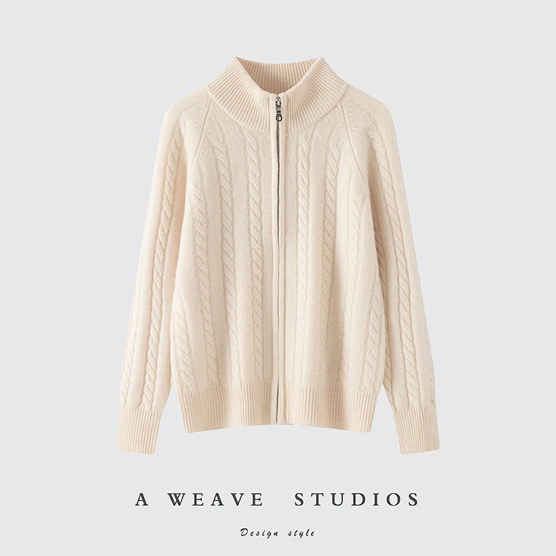 Autumn And Winter New Women's 100% Pure Cardigan Thick Coat Color Matching Stand Collar Knitted Sweater Joker