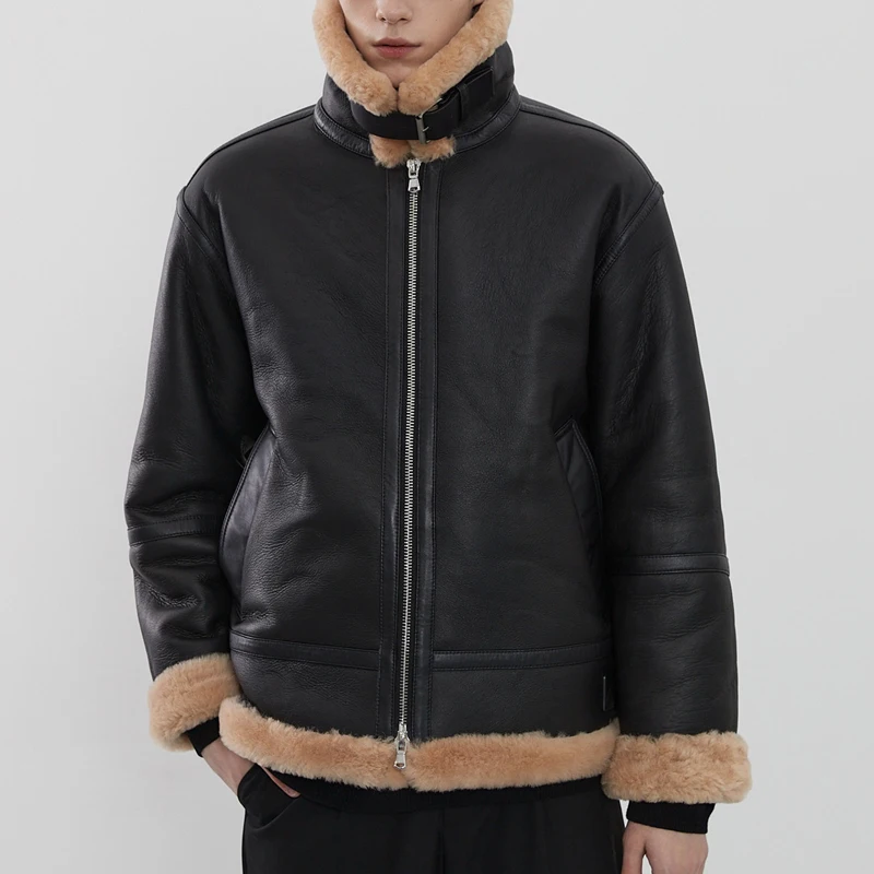 Men's Winter Shearling Bomber Jacket - Thickened Warm Leather and Fur Integrated