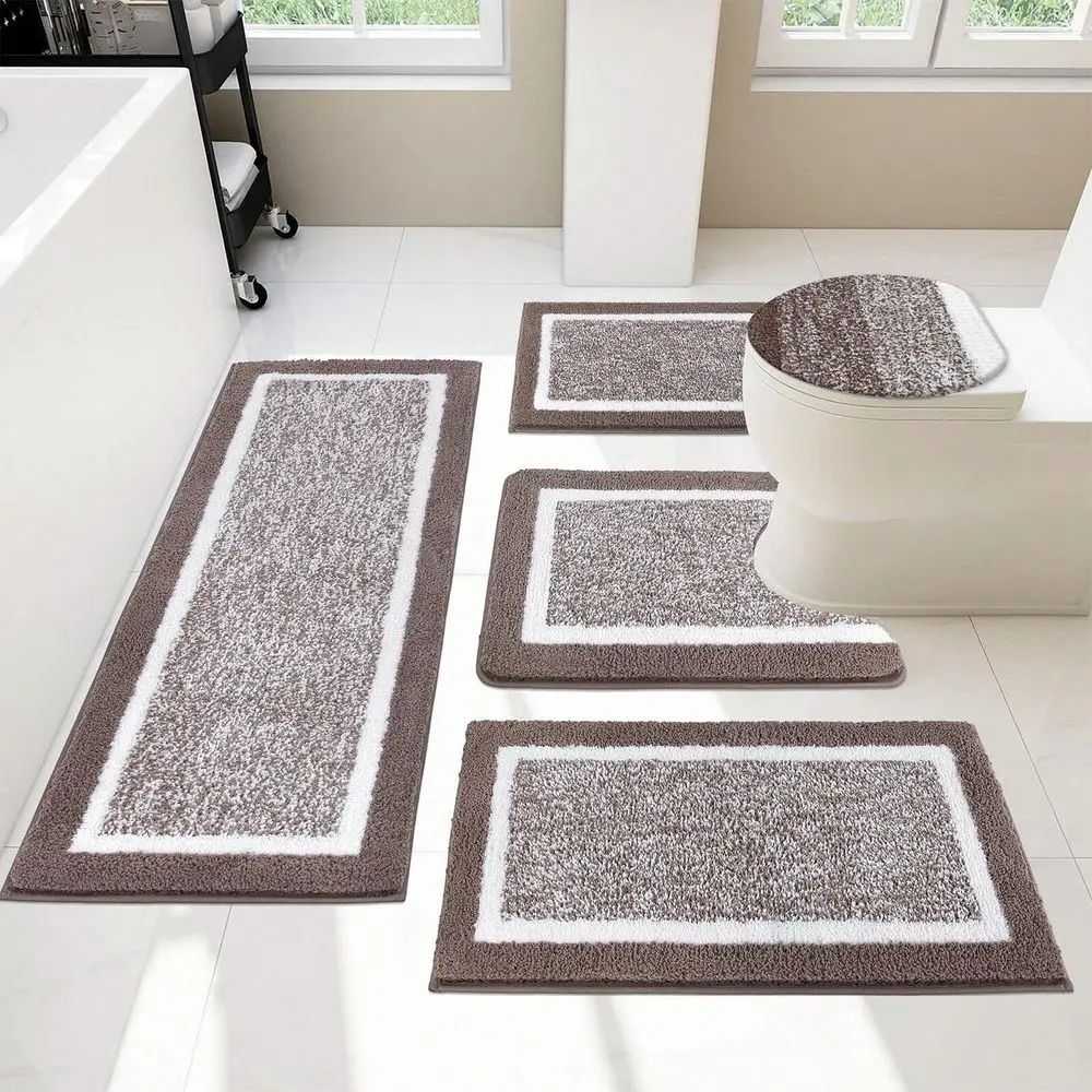 

5Pcs Bathroom Rug Set with Toilet Lid Cover & U-Shaped Contour Mat, Absorbent Microfiber Non Slip Bath Rugs, Machine Washable