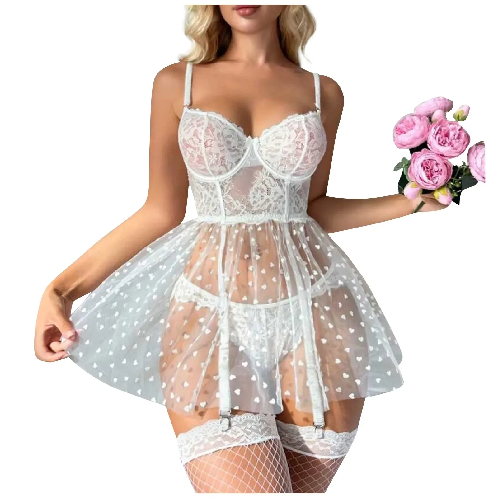 White Crotchless Bodysuits Women Sexy Lingerie Erotic Costume Porn Teddy Babydoll Wedding Dress Openness Women\'S Underwear Set