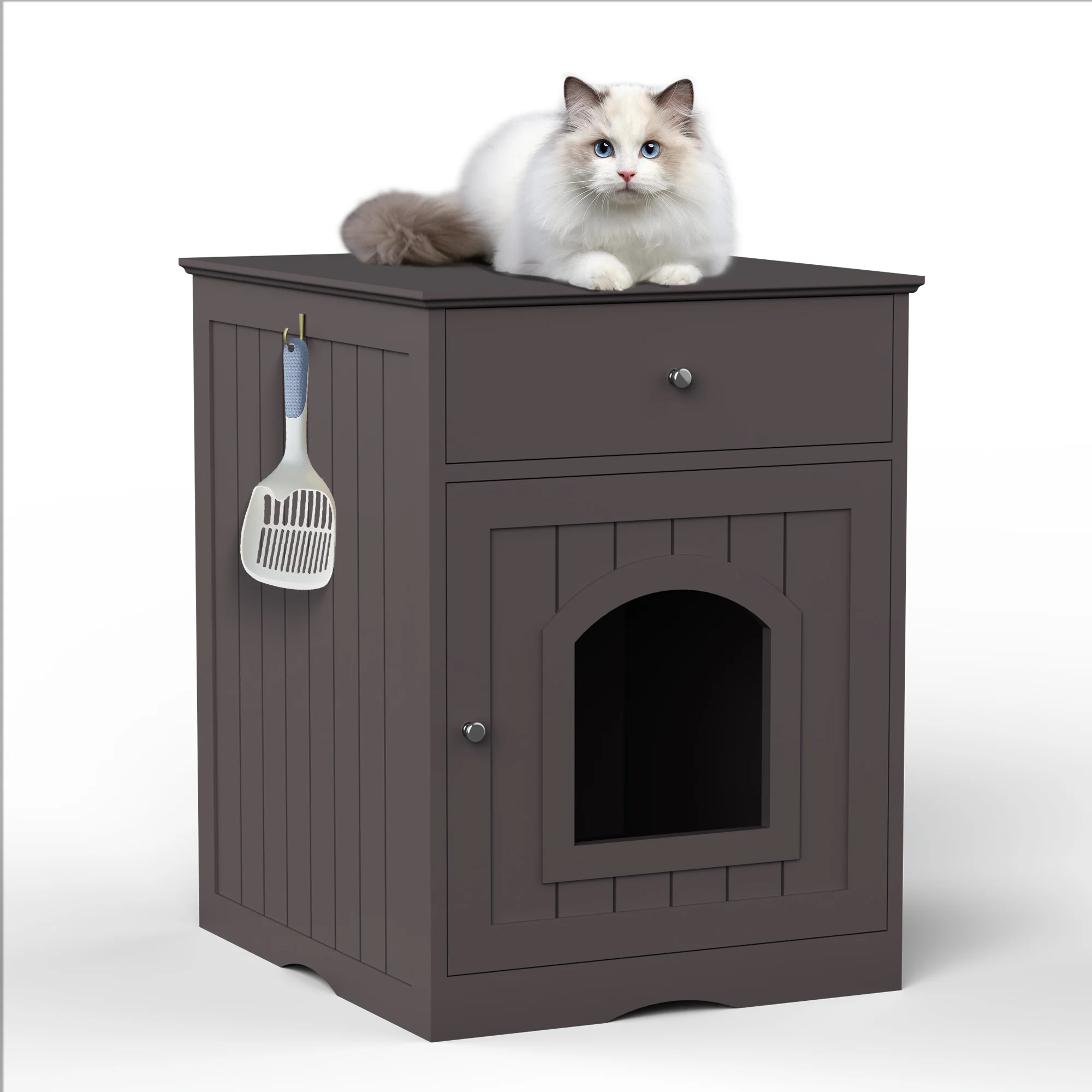 

Modern Wooden Pet House Cat Box Enclosure With Drawer, Side Table, Indoor Pet Crate, Cat Home Nightstand