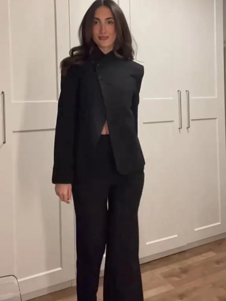 

Elegant Women Blazer Set Solid High Collar Single Breasted Jacket Fashion High Waist Wide Leg Trouser Female Spring Office Suit