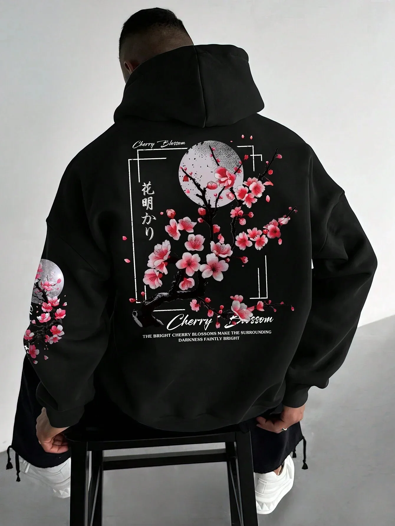 Herren Fleece-gefütterter Hoodie Herbst Winter Japanischer Kirschblüten-Druck Sweatshirt Locker Sitzender Streetwear Pullover Dicker Warmer Kapuzenpullover – Detail 3