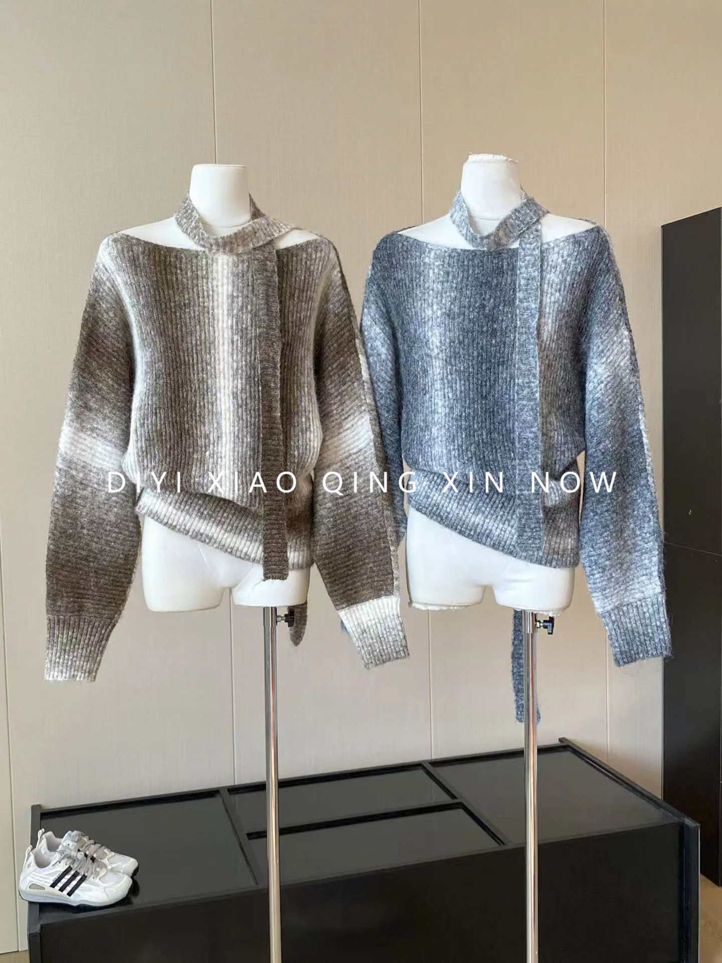 DIYI Korean Style Gradient Knitted Sweater Women's Off-Shoulder Loose Overhead Autumn Winter Polyester Fiber Long Sleeve