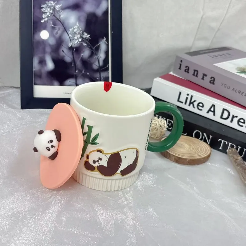 

Starbucks 355 ml Whimsical Panda Design Ceramic Mug with Pink Panda Lid, Green Handle & Bamboo Accents