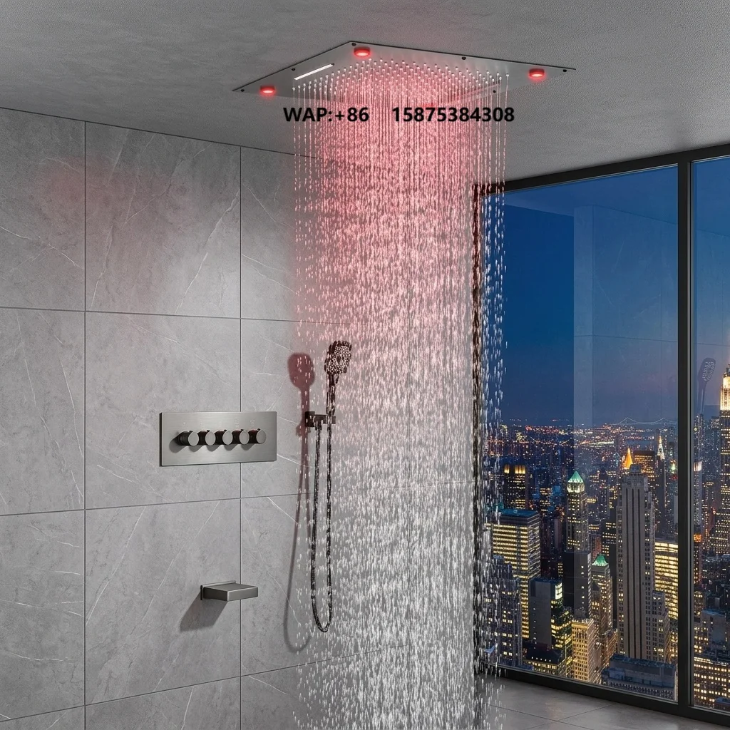 LED Polished Concealed Wall-Mounted Shower Set with Brass Bathroom Faucet Luxury Rain & Massage Spray Hotel Use