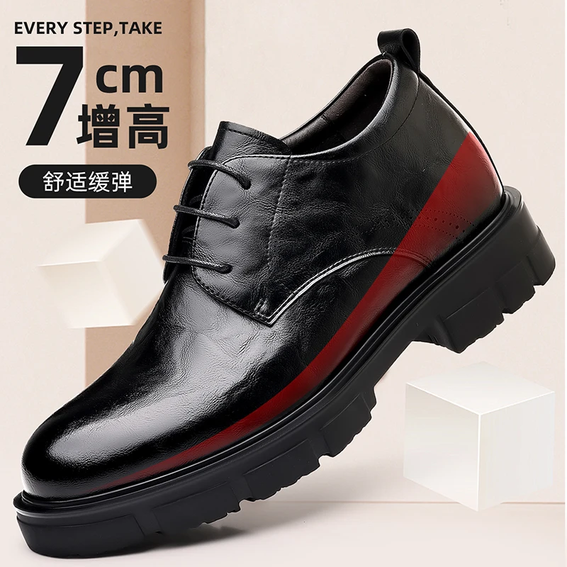 

Men Leather Heightening Dress Shoes Lace Up Casual Taller Elevator Shoes Platform Business Breathable Height Increase Insole 7CM